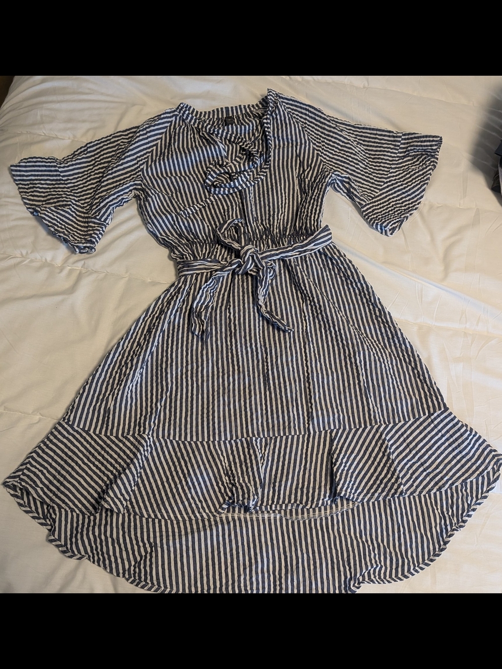 Striped Blue and White Midi Dress with Tie Waist
